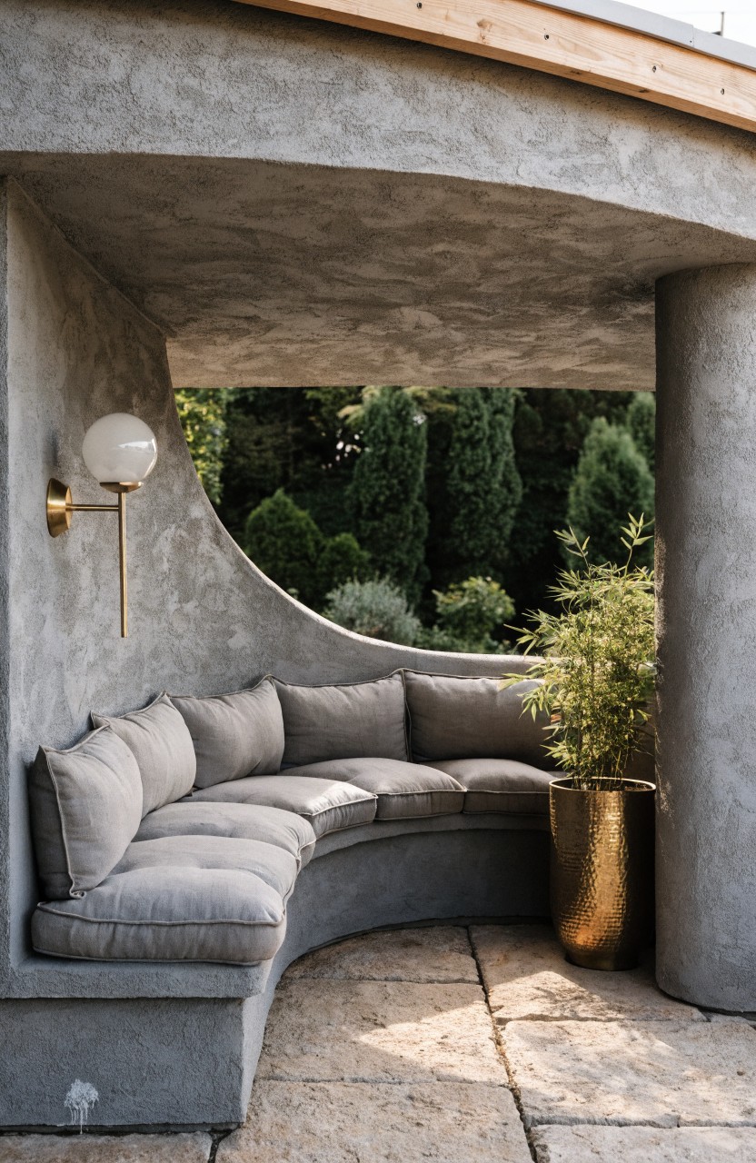 Curved gray stucco outdoor alcove with built-in cushioned bench, gold pot with bamboo plant, wall-mounted globe light on brass arm, stone paver floor, greenery in background.