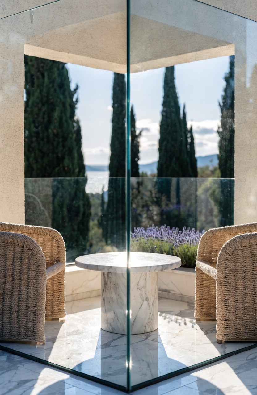 Corner balcony with full-height glass panels on three sides, two beige rattan armchairs around a round white marble table with lavender plants, overlooking tall cypress trees and a distant sea.