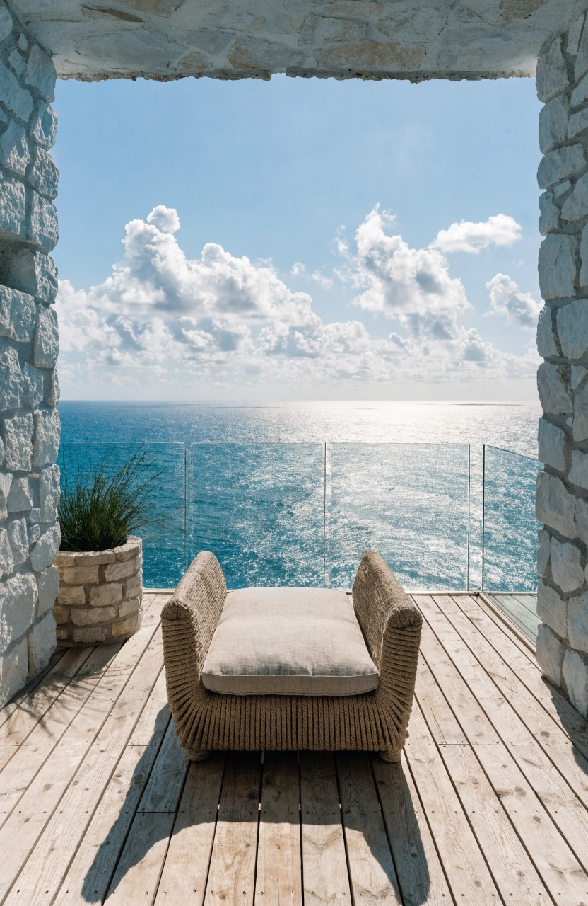 Stone archway frames a wooden deck balcony with a beige woven lounge chair, potted grass plant, and clear glass railing overlooking a sunny ocean horizon.