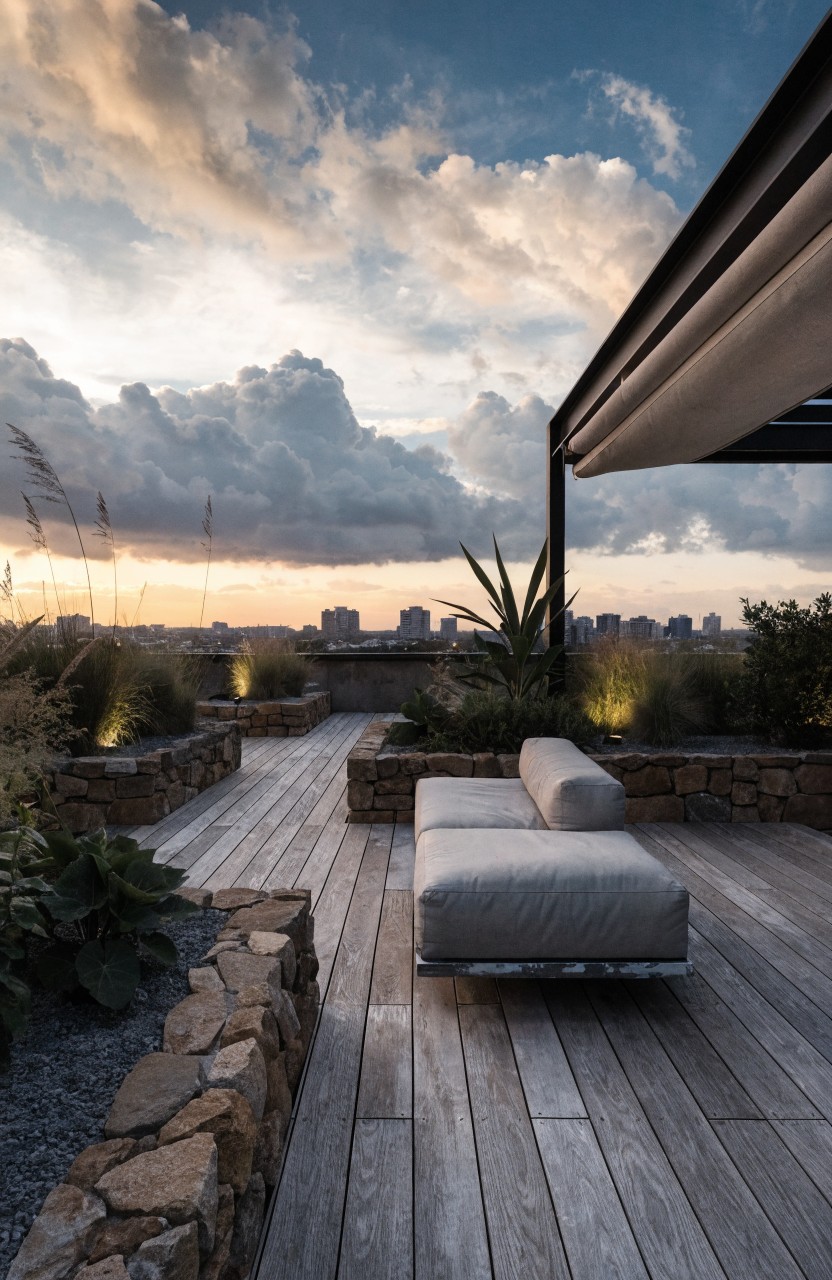 Rooftop balcony with light gray wooden decking bordered by low stone planters filled with grasses and agave plants, white modular sofas in the center, and a city skyline at sunset.