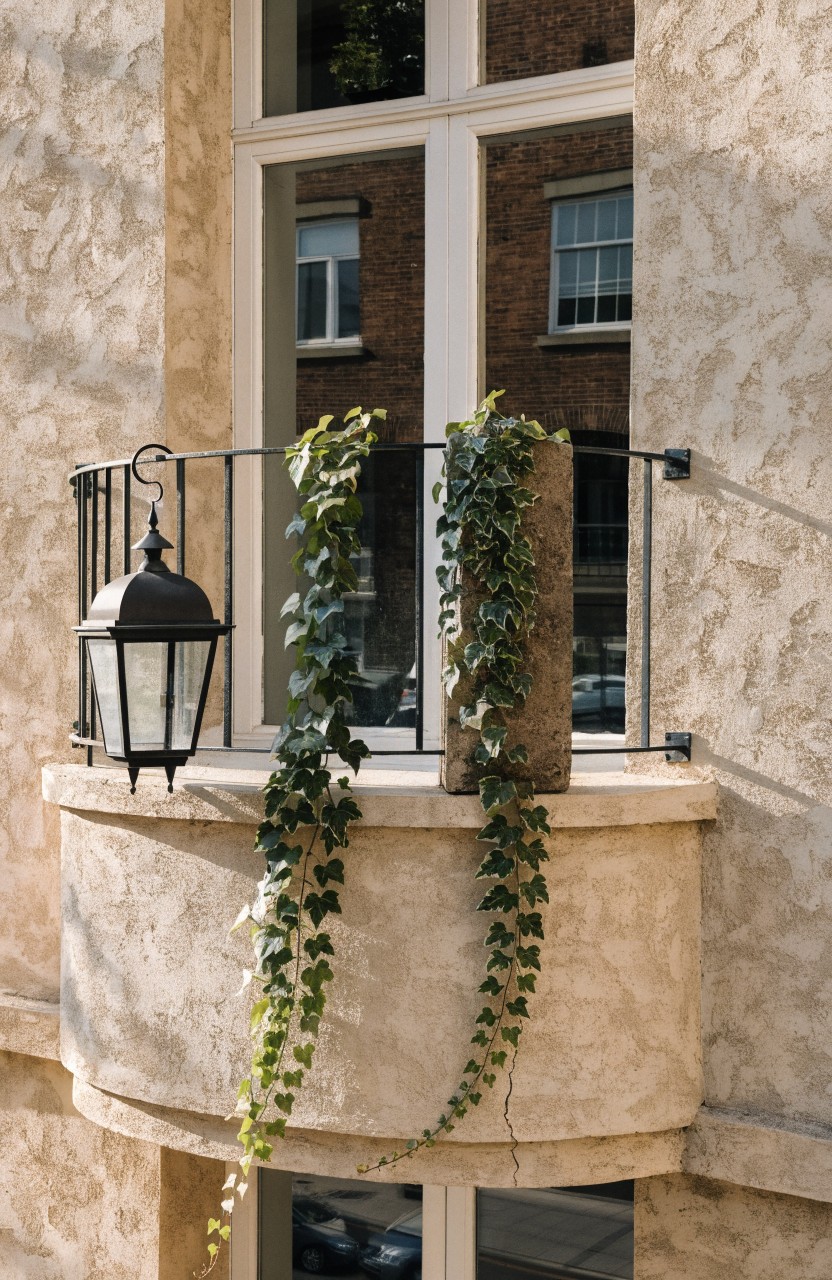 Curved beige stucco balcony with green ivy trailing over the railing, a black metal lantern light fixture beside it, and large windows on a light-colored building wall.