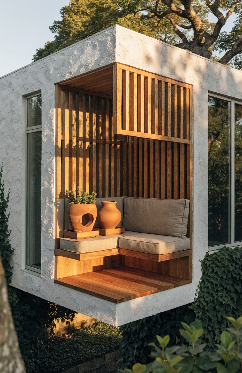 White modern building corner featuring a recessed balcony with vertical wooden slats, built-in bench cushions, two terracotta pots with plants, large windows, and surrounding trees and ivy.