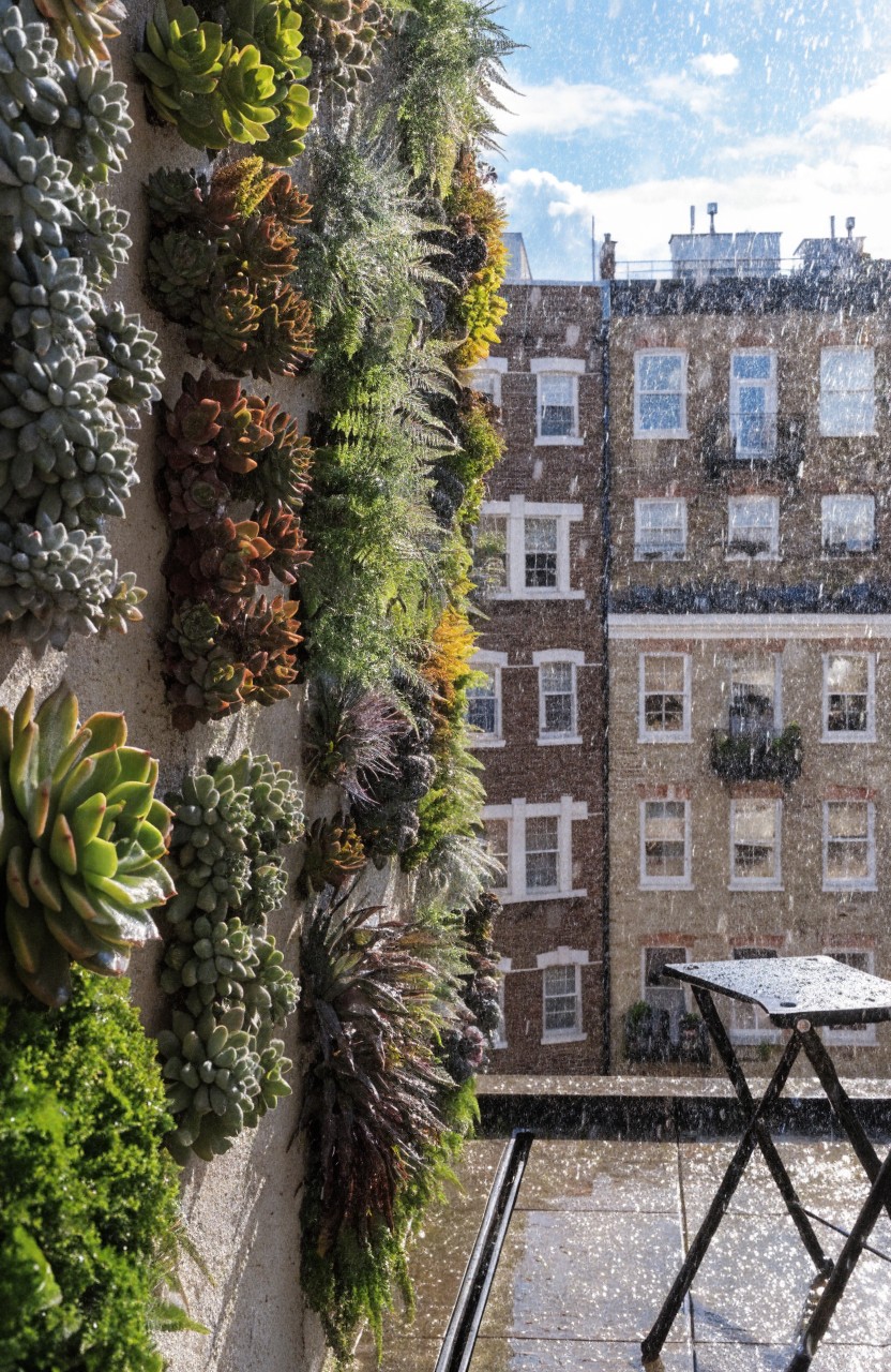 Vertical wall on a balcony covered in various succulents including rosettes and trailing plants, adjacent to brick buildings with rain on the tiled floor and a small table nearby.