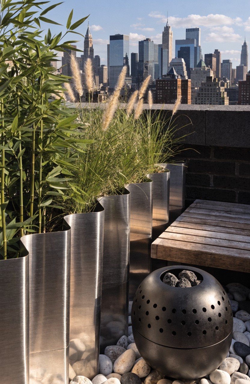 Rooftop balcony with wavy stainless steel planters filled with bamboo and tall grasses, a wooden bench, spherical black fire pit surrounded by pebbles, and New York City skyline in the background.