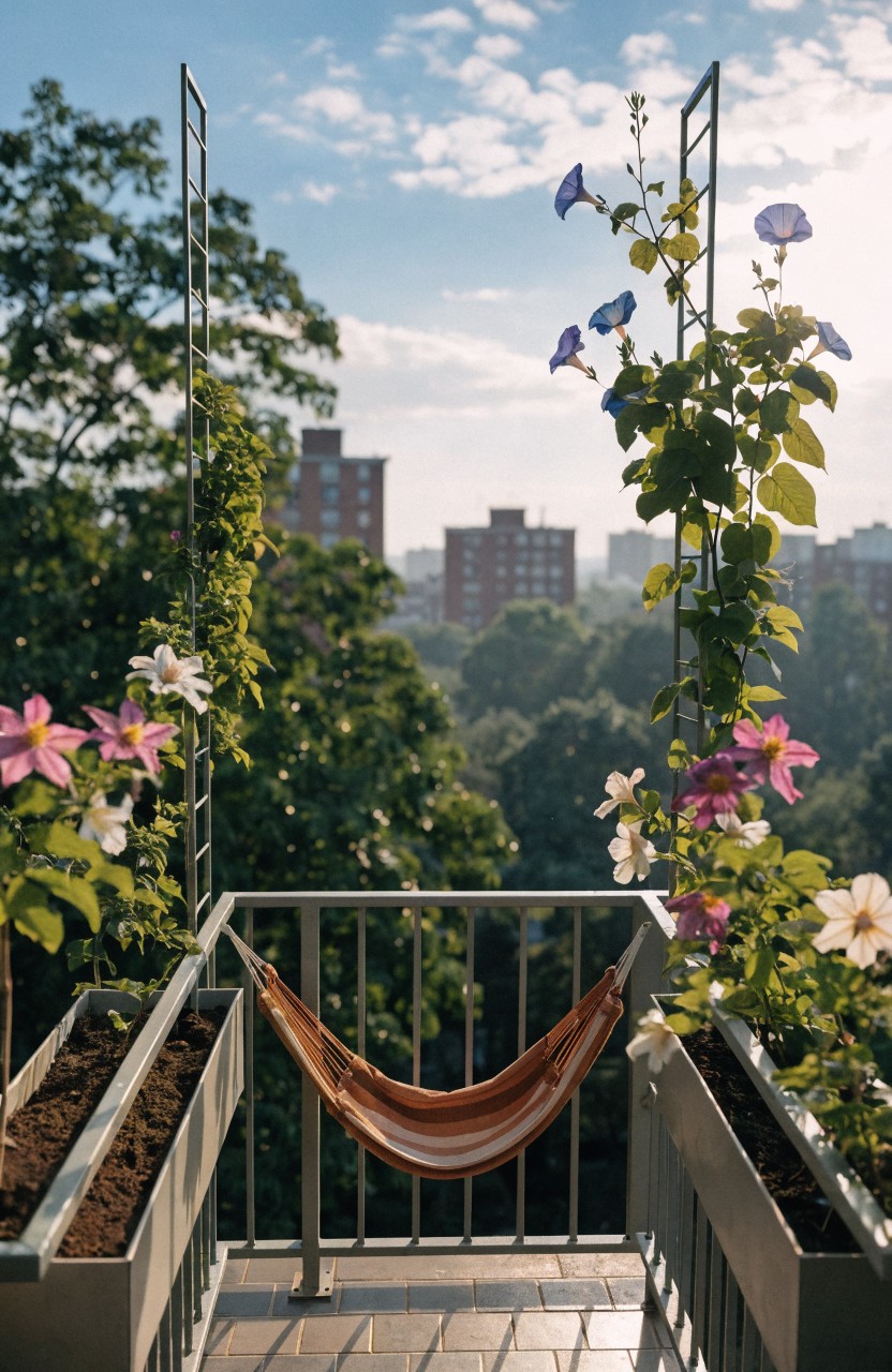 Rooftop balcony with tall metal trellises supporting green vines and blue, pink, and white flowers, an orange hammock hanging between them, planter boxes along the edges, metal railing, and view of trees and brick buildings under partly cloudy sky.