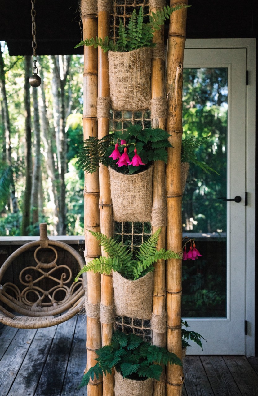 Tall bamboo poles with mesh netting and hanging burlap sacks filled with ferns and pink fuchsia flowers stand on a wooden porch next to a glass door and hanging swing.