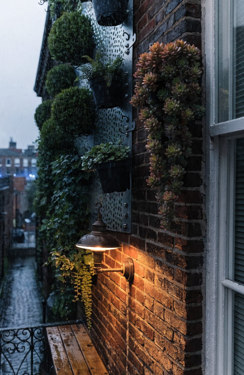 Brick exterior wall with perforated metal panel holding various potted plants including succulents and trailing greenery, wall-mounted lantern, and adjacent balcony railing with wooden bench in narrow cobblestone alley.