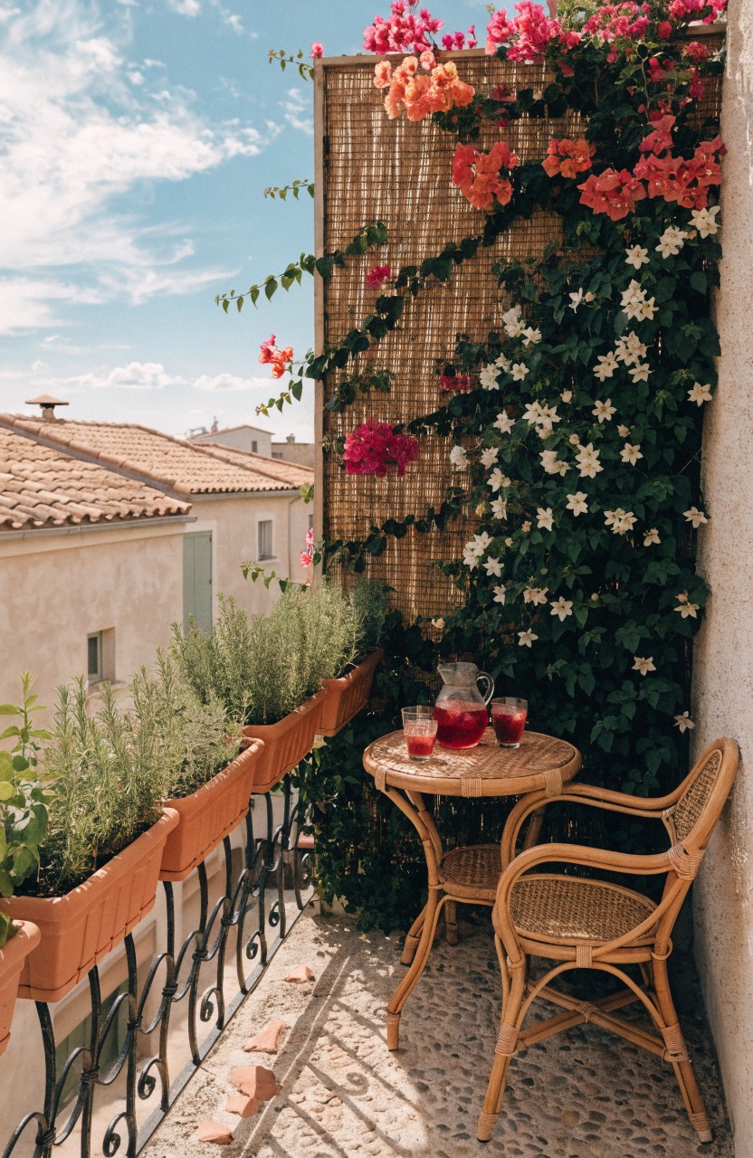 Small balcony with bamboo privacy screen covered in pink bougainvillea and white flowering vines, herb pots on wrought-iron railing, round wooden table holding glasses of red sangria, two wicker chairs on pebbled floor, white buildings visible beyond.