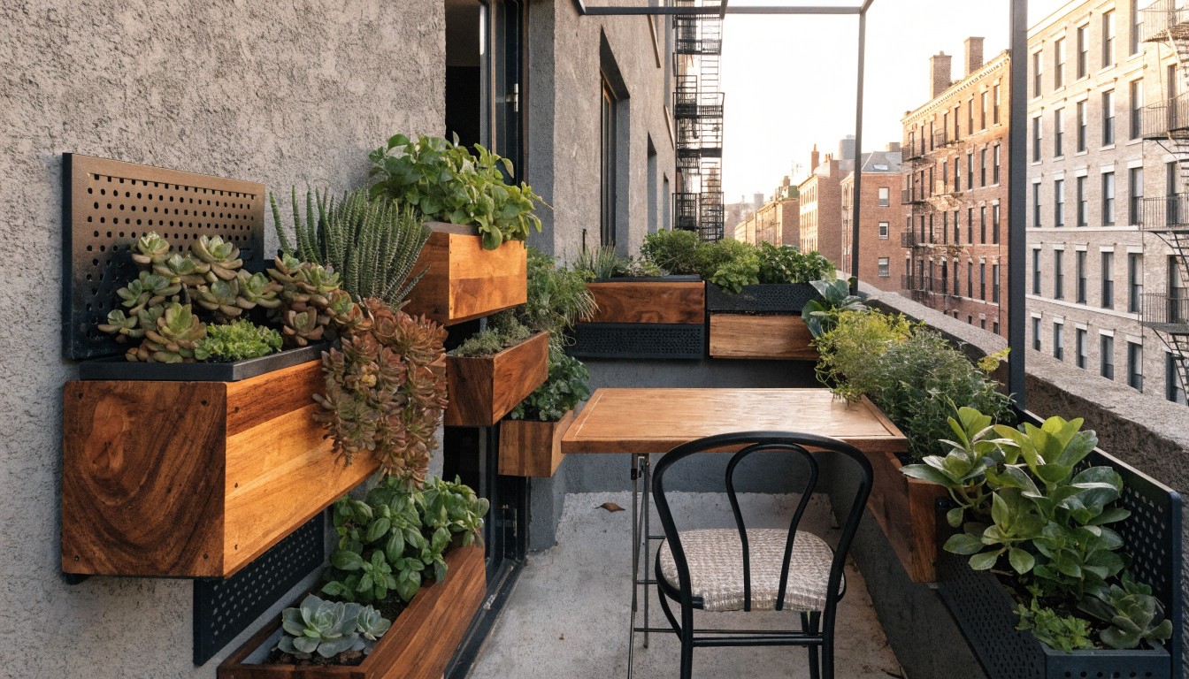 Narrow balcony with wooden planter boxes mounted vertically along the exterior walls at varying heights, filled with herbs, greens, and succulents, plus a small wooden table and chair under a glass canopy.