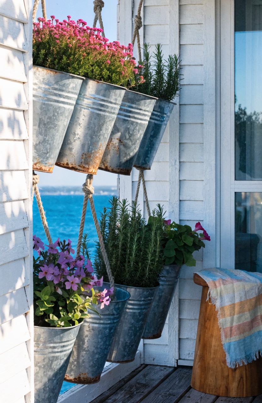 Galvanized metal buckets hanging from ropes on a white shiplap balcony wall, filled with pink flowers, green herbs, and succulents, next to a window overlooking the ocean.