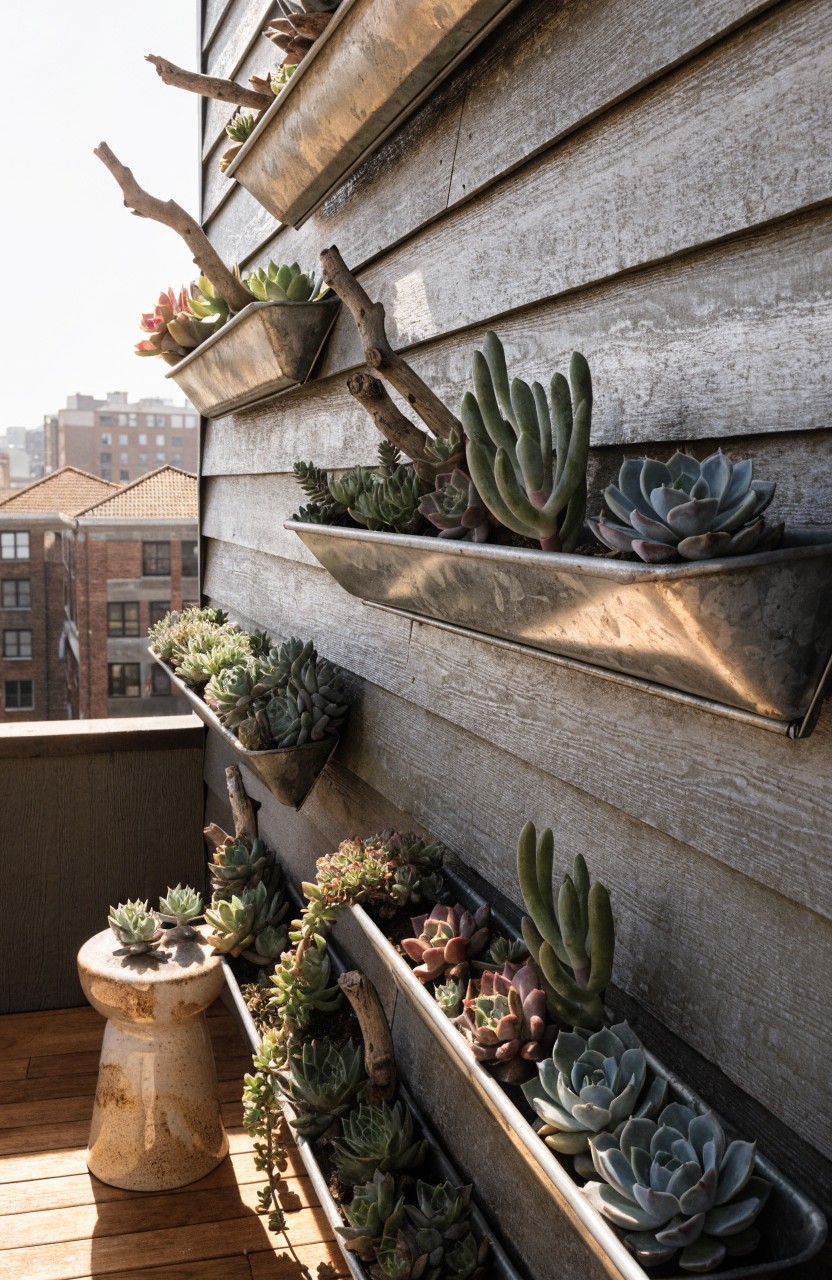 Wooden shiplap balcony wall with multiple rectangular metal planters mounted vertically and filled with various succulents including echeveria, overlooking city buildings.