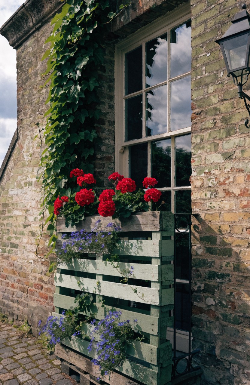 Brick exterior wall covered in ivy with a stacked wooden pallet planter filled with red geraniums on top and blue flowers below, positioned next to a large multi-pane window and a hanging lantern light.