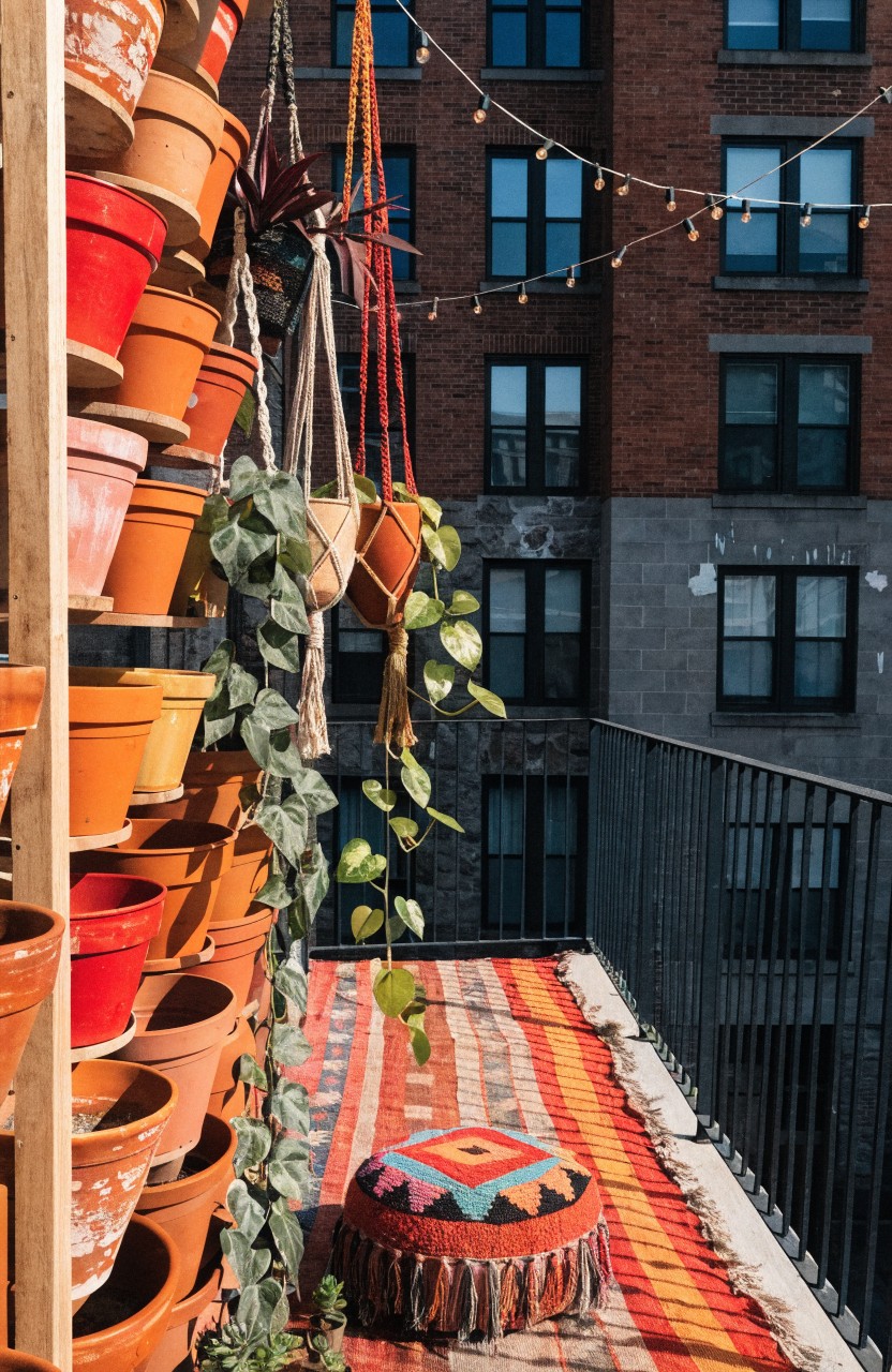 Balcony railing lined with stacked orange terracotta pots containing plants, plus hanging planters with green vines, string lights overhead, and a colorful striped rug with a patterned floor cushion in front of brick apartment buildings.