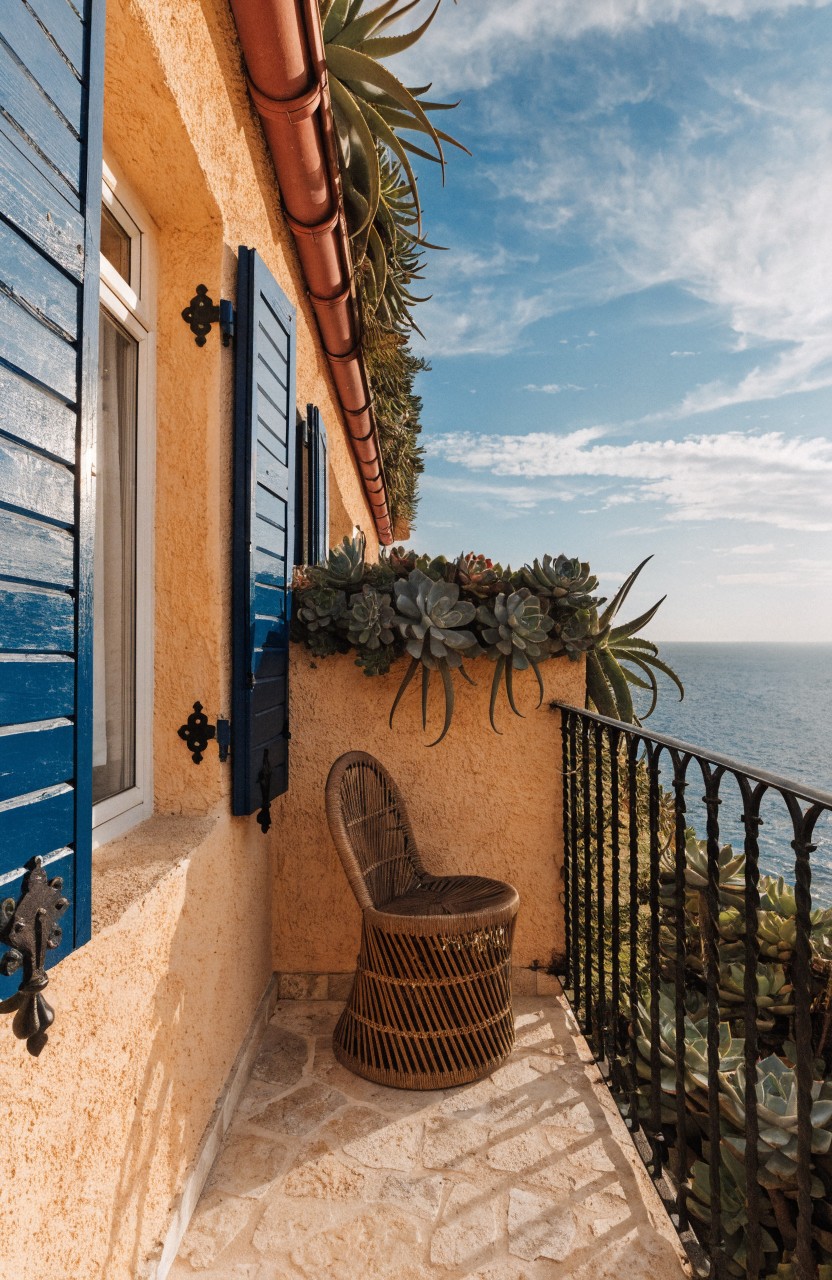 A small balcony with ochre walls, blue shutters on windows, a rattan chair, black wrought iron railing, and dense succulents along the roof edge and planter overlooking the sea.