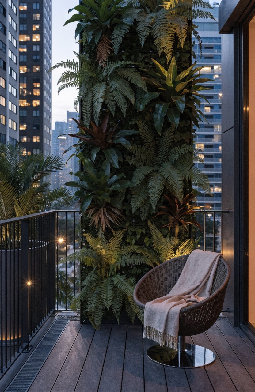 High-rise balcony with a tall vertical wall covered in ferns and green plants, a rattan egg chair with beige blanket on wooden decking, black metal railing, and city buildings at dusk.