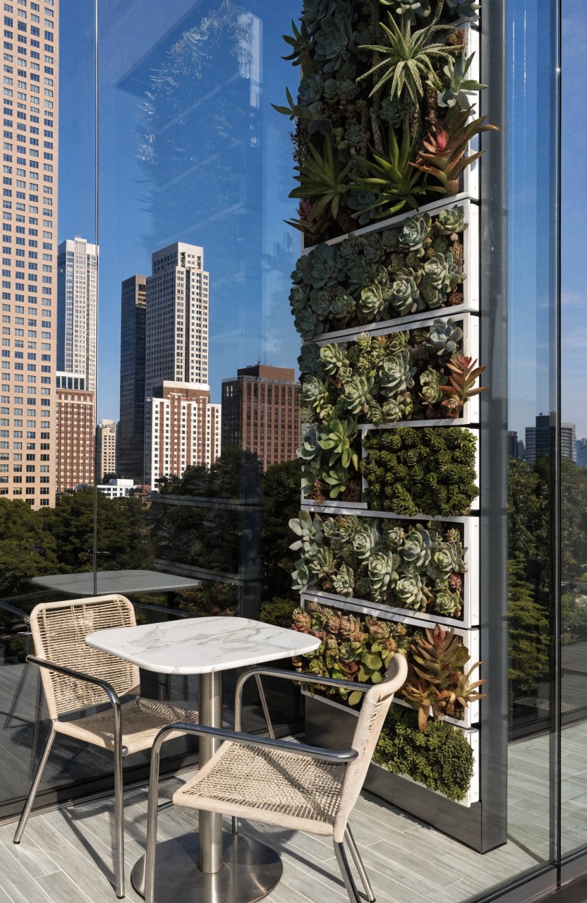 Modern balcony with tall vertical wall planted in succulents and green plants, glass railing, round white table, and two woven chairs overlooking city buildings.