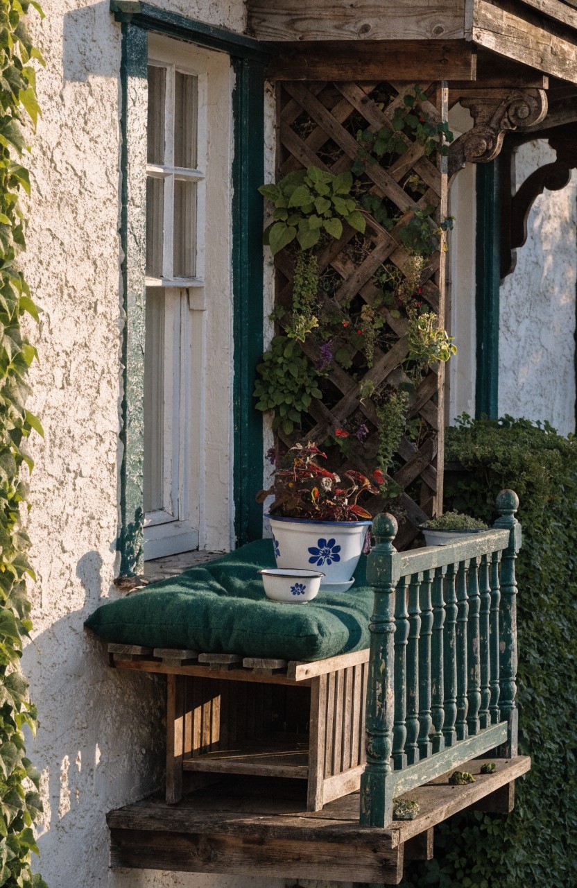Rustic wooden balcony with green railings and trellis covered in climbing ivy and vines, blue pots with red flowers on the ledge, green cushion on seat, against white stucco wall with more ivy.