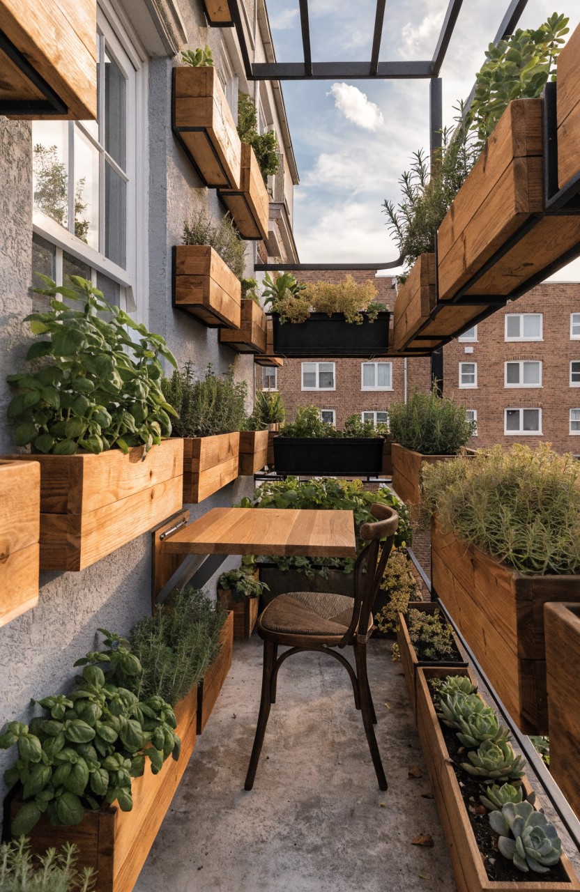 Narrow balcony with wooden planter boxes mounted vertically along the exterior walls at varying heights, filled with herbs, greens, and succulents, plus a small wooden table and chair under a glass canopy.