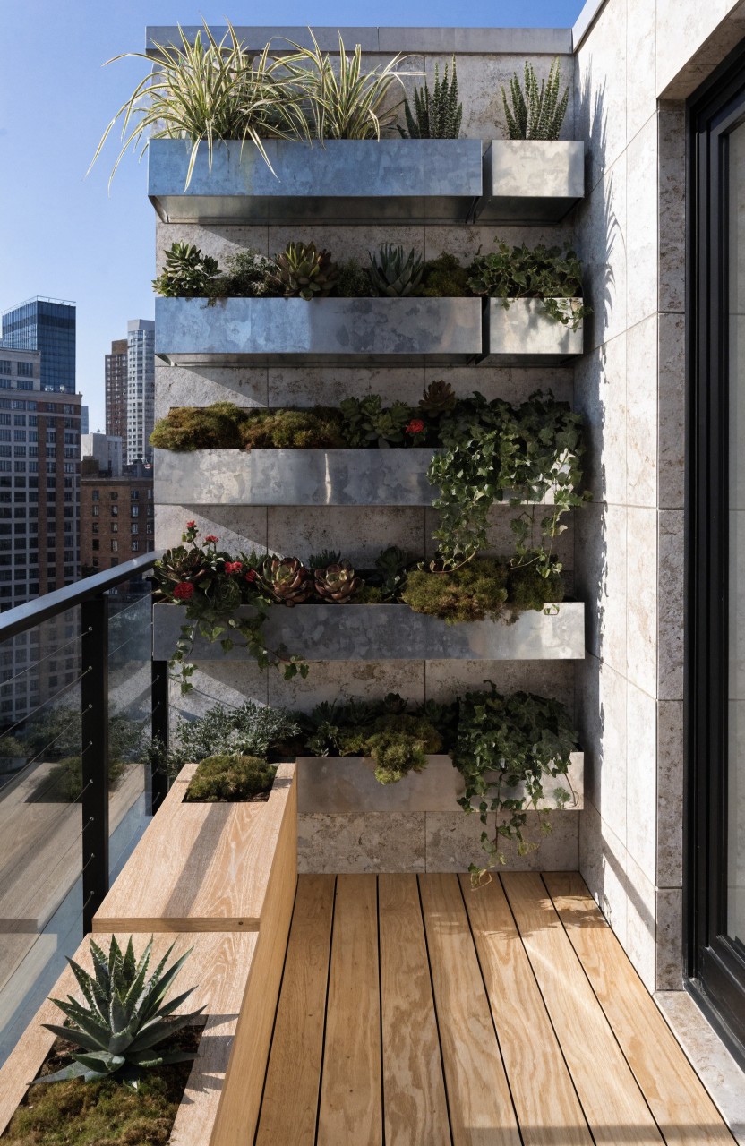 Balcony with stacked galvanized metal planters filled with succulents, grasses, and agave along a light stucco wall, wooden decking and benches, glass railing, and city view.