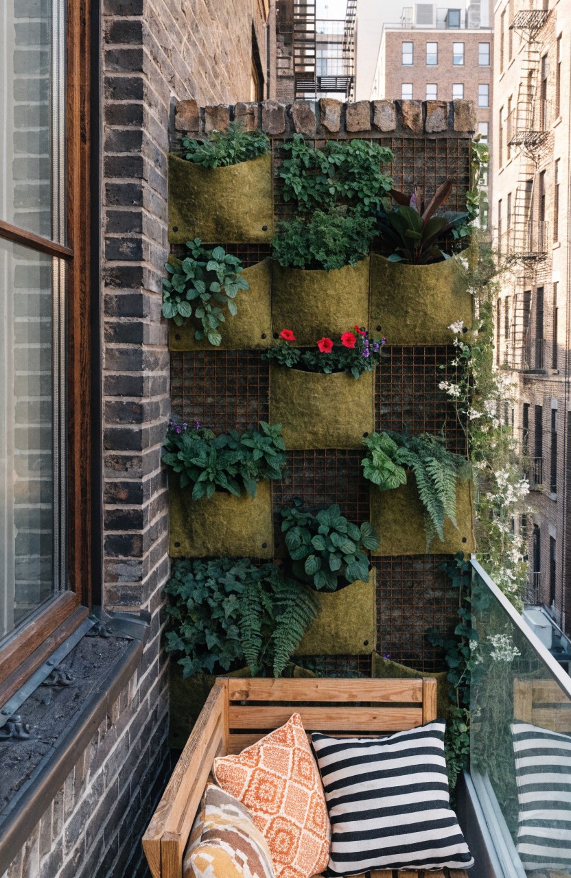 A narrow balcony against a brick wall has green felt pockets filled with plants including ferns and greens, next to a wooden bench with orange and striped cushions.