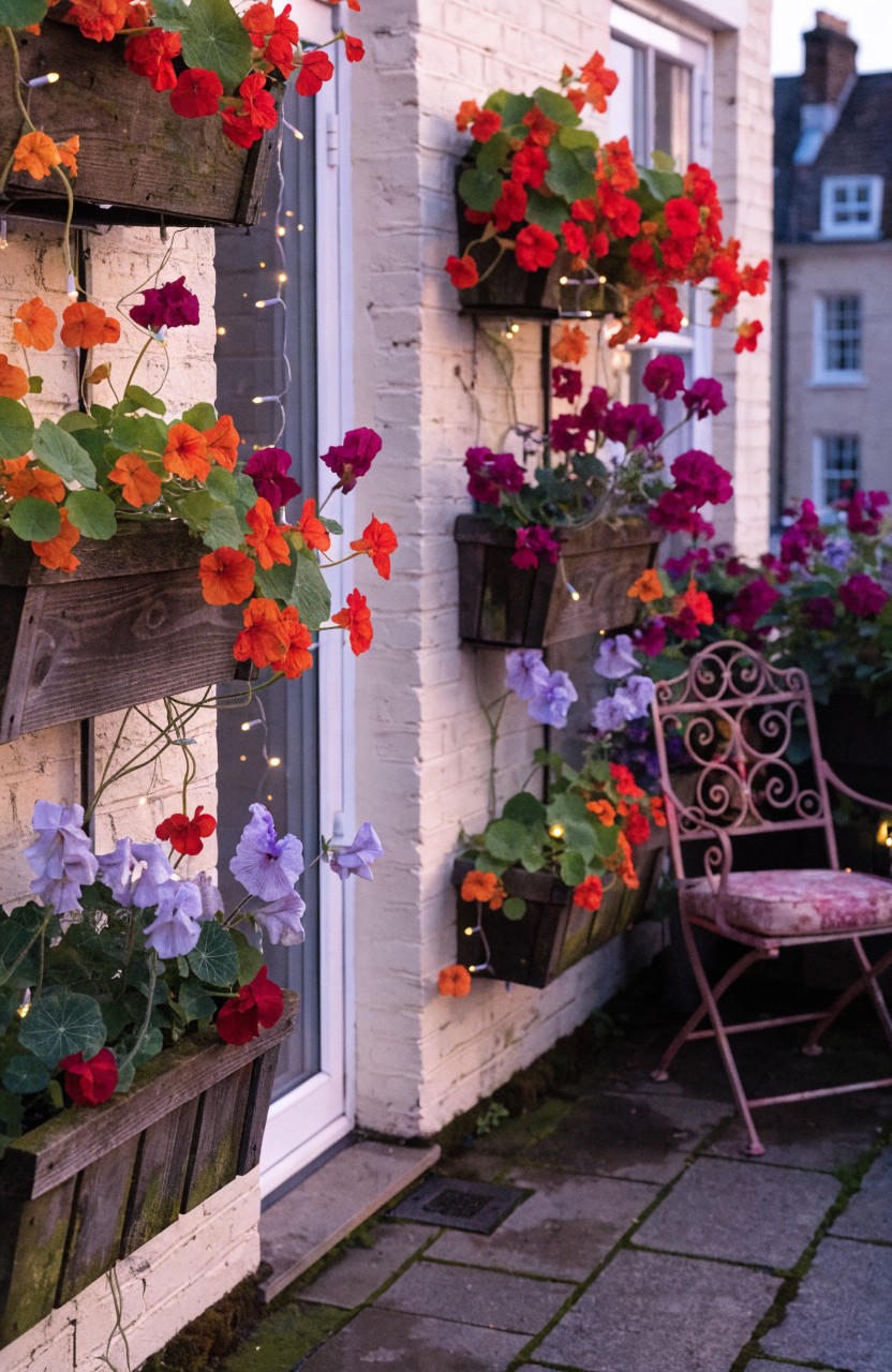 White brick exterior wall with multiple wooden hanging planters filled with red, orange, and purple trailing flowers, string lights along the boxes, open glass door, and black wrought-iron chair with pink cushion on stone patio pavers.
