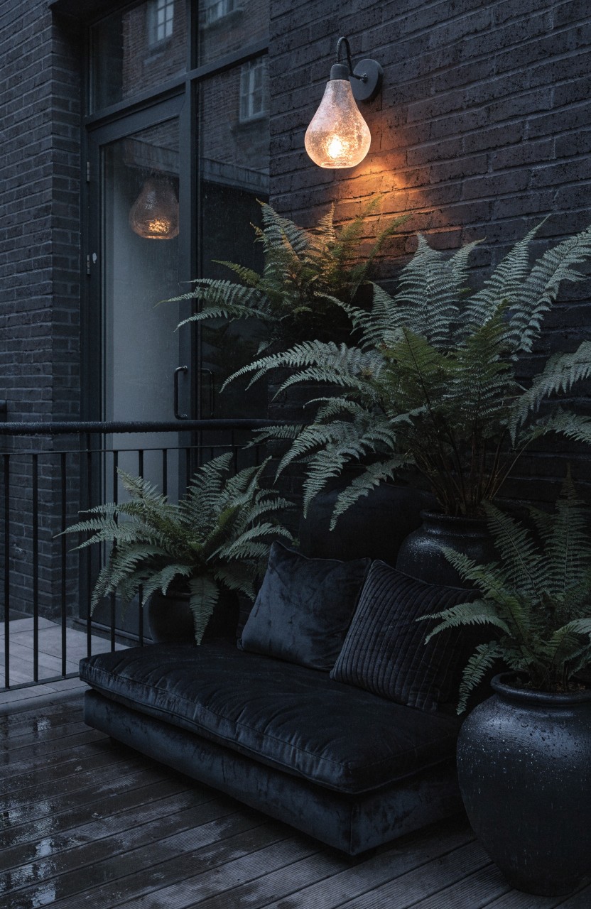 Dark brick exterior wall with glass door to a balcony holding low black velvet daybed amid large potted ferns, black railing, wall bulb light, and wet decking.