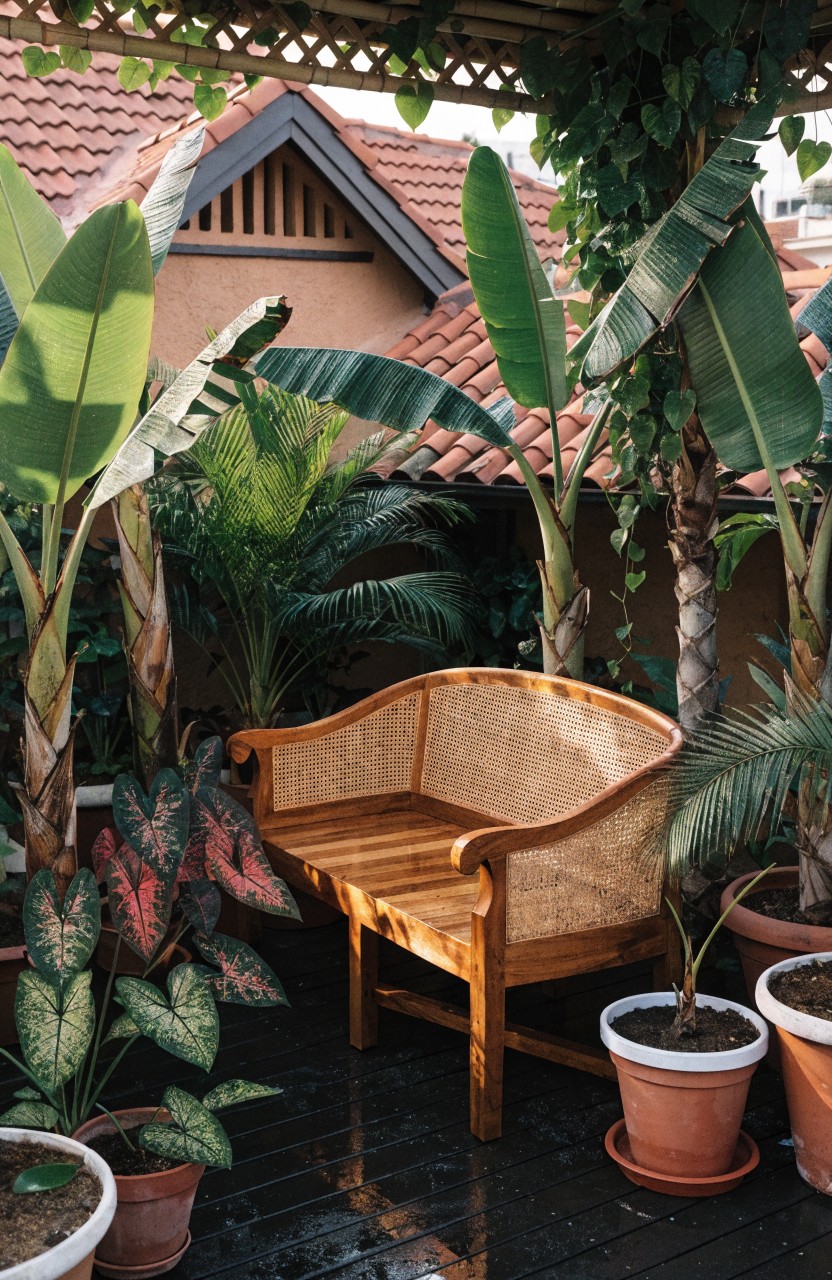 Wooden rattan bench on a dark deck balcony enclosed by tall banana plants, palms, and potted greenery against a beige stucco wall and red tile roof.