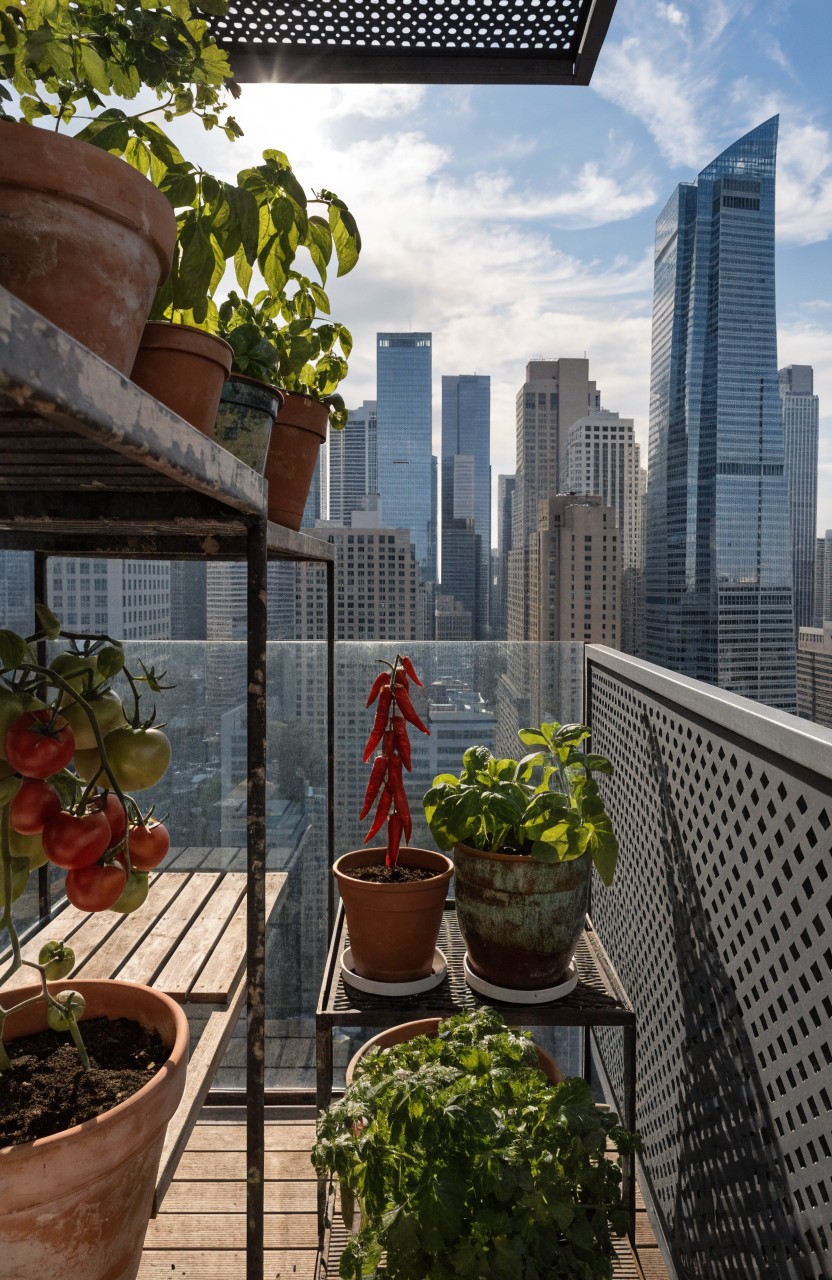 Balcony with open metal shelving holding terracotta pots of tomato plants, chili peppers, basil, and other greenery, viewed against a city skyline of tall buildings under a partly cloudy sky.