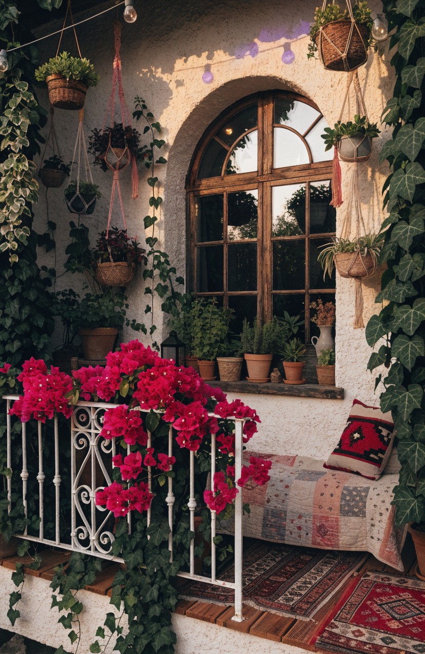 White stucco balcony with arched wooden window, pink bougainvillea draping over wrought-iron railing, multiple hanging planters filled with greenery and flowers, climbing ivy on walls, potted plants on ledge, cushioned bench, and patterned rugs.