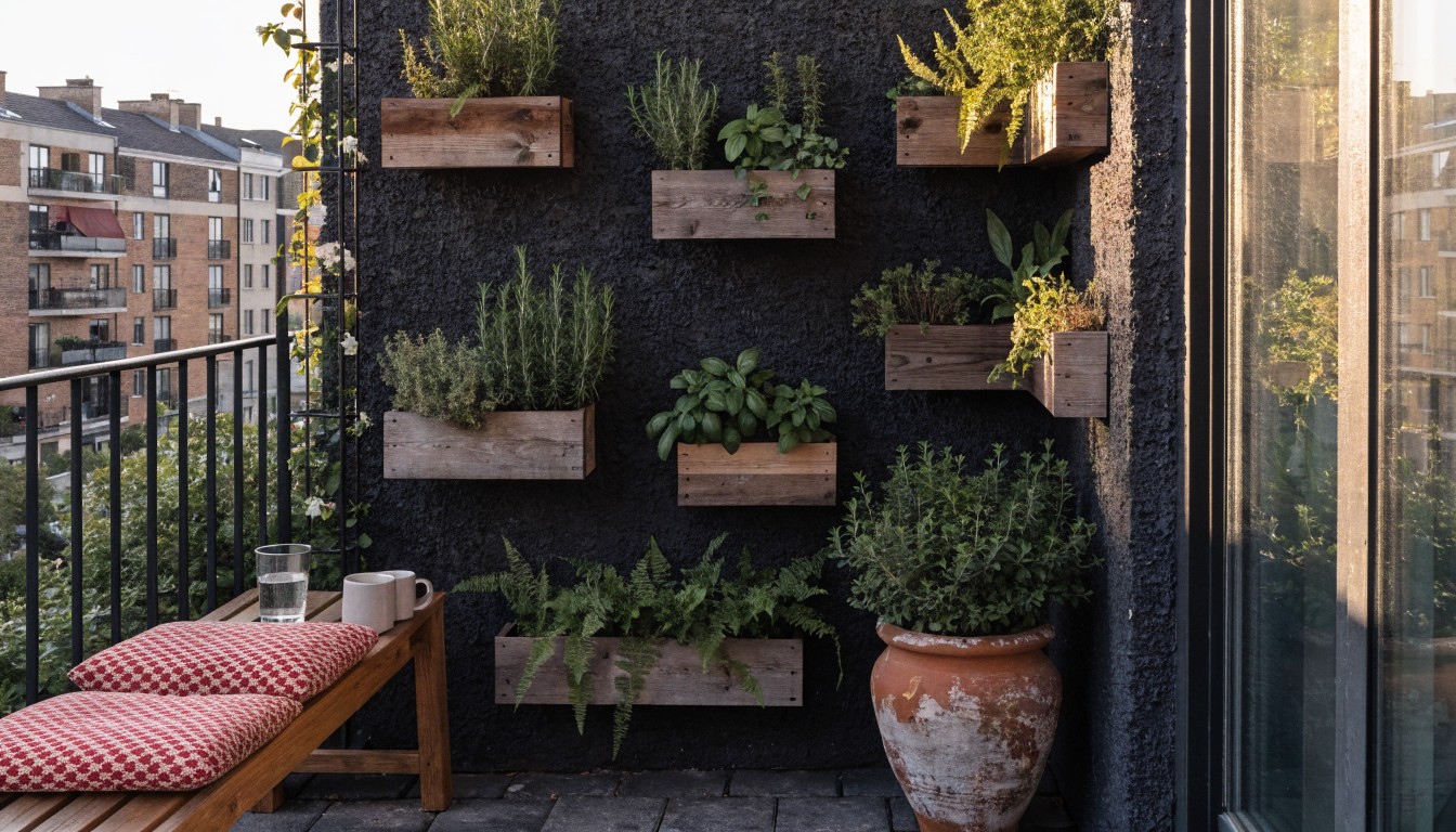 A narrow urban balcony with a dark wall covered in wooden wall-mounted planters filled with greenery, a tall climbing vine with white flowers, a cushioned wooden bench, and a large terracotta pot next to brick buildings under a partly cloudy sky.