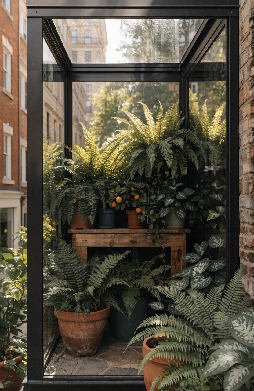Glass-enclosed structure attached to a brick building, filled with potted ferns, orange trees in terracotta pots on a wooden table, and other greenery.