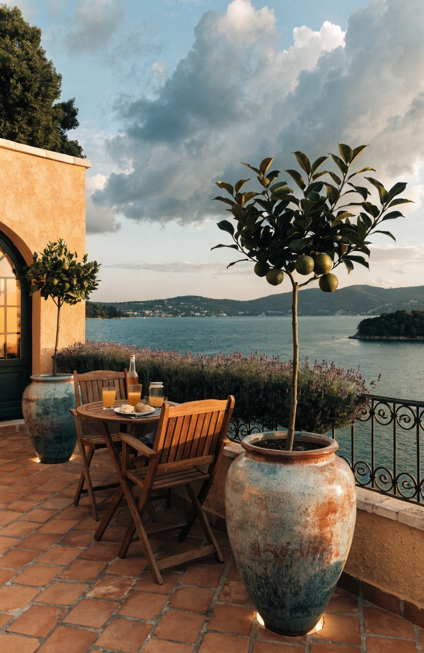Balcony terrace with terracotta tile floor, wooden folding chairs and table set with glasses and orange juice, flanked by large terracotta pots with olive trees and a low hedge, overlooking the sea.
