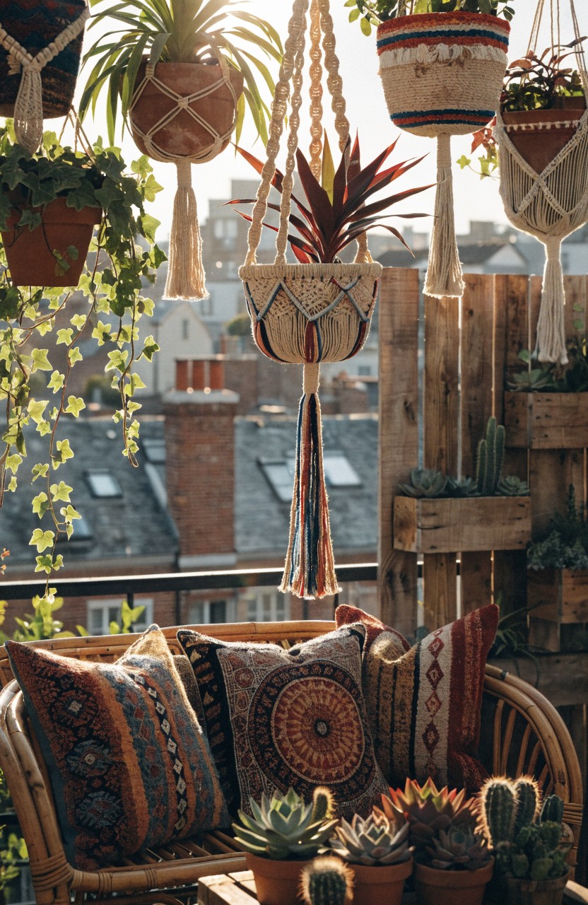 Balcony corner with multiple macrame hanging planters containing ferns, succulents, and cacti, a wooden bench piled with colorful patterned cushions, potted plants on the floor, wooden fence railing, and rooftops in the background.