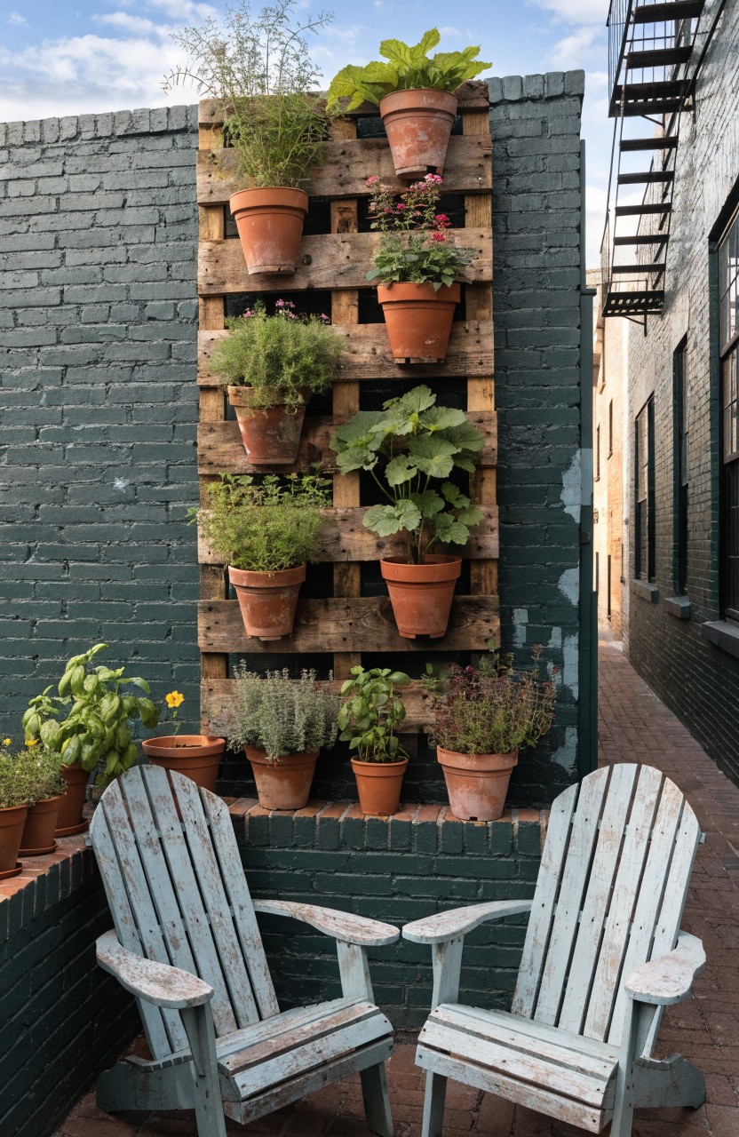 Wooden pallet mounted vertically on dark green brick wall with terracotta pots of herbs, flowers, and leafy plants inserted into slats, two weathered light blue Adirondack chairs on patio below.