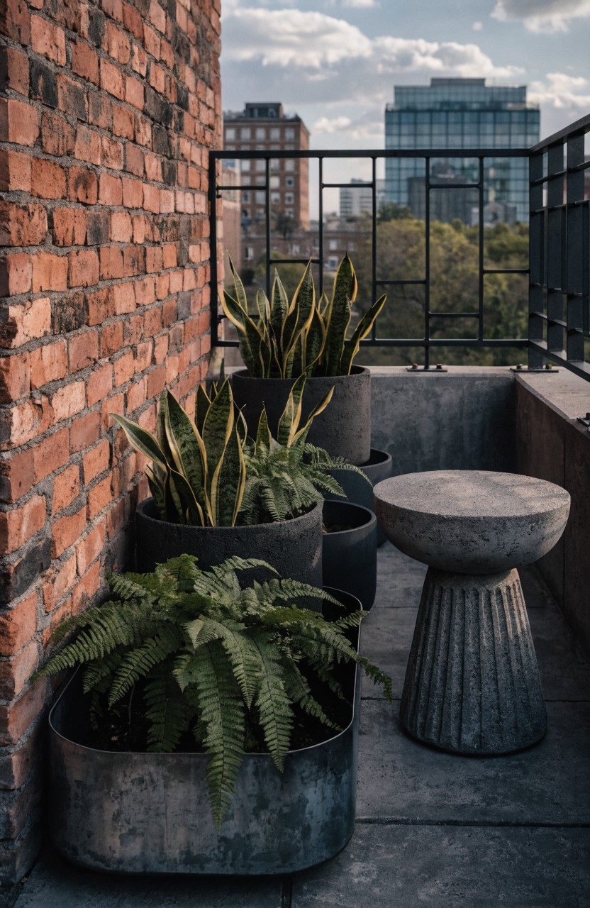 A small urban balcony with red brick walls, black metal railing, large potted snake plants and ferns in gray and metal containers, and a concrete table with matching stool.
