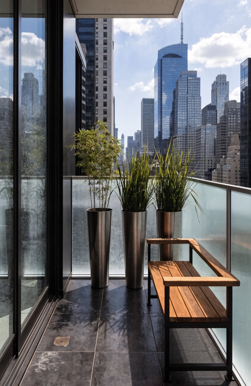 Modern high-rise balcony with glass railing, dark tile floor, wooden bench, three tall potted plants including grasses, and New York City skyline view.