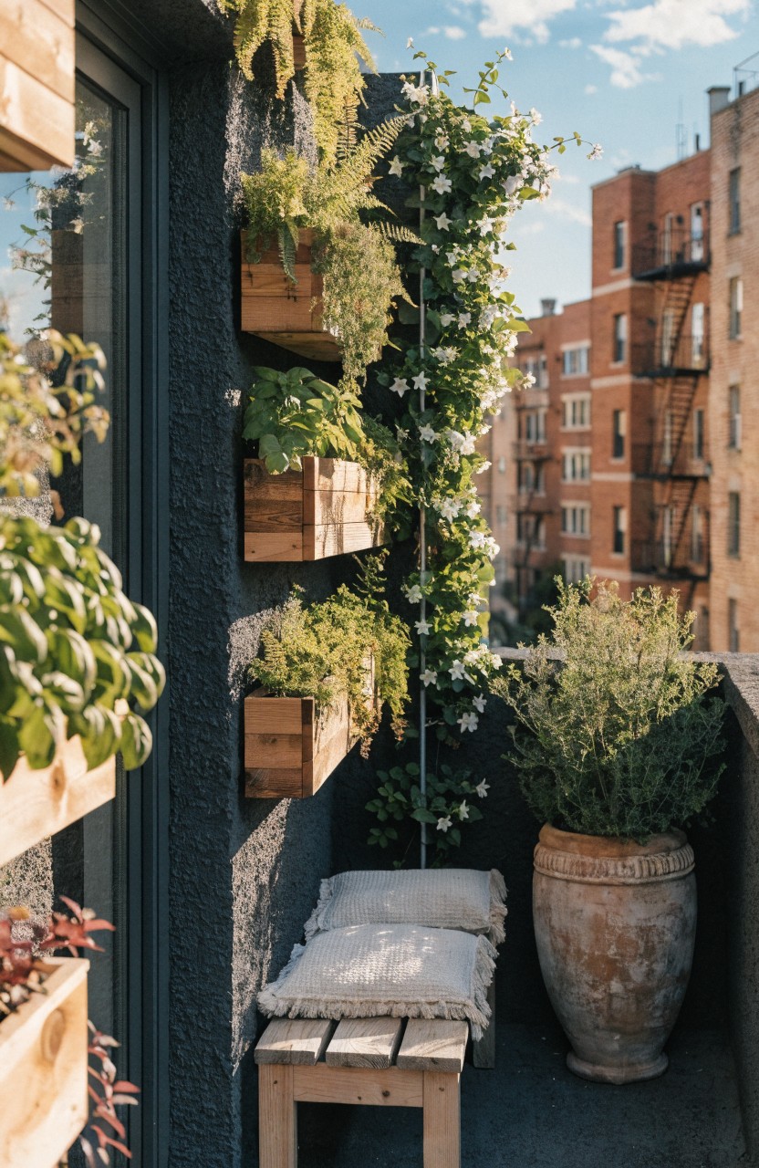 A narrow urban balcony with a dark wall covered in wooden wall-mounted planters filled with greenery, a tall climbing vine with white flowers, a cushioned wooden bench, and a large terracotta pot next to brick buildings under a partly cloudy sky.