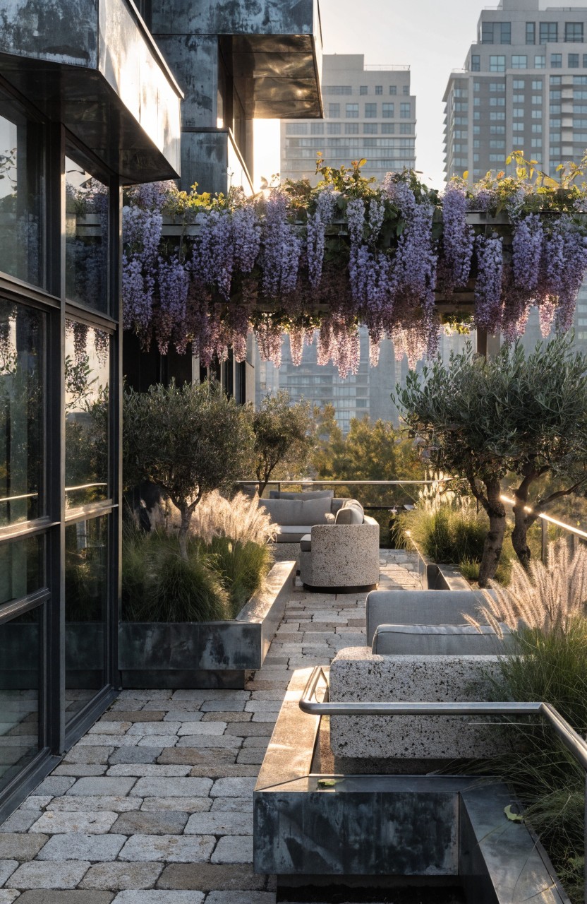 Modern high-rise balcony with black metal framing, overhanging purple wisteria vines, potted olive trees, grasses, concrete seating, and stone pavers against city skyline at sunset.