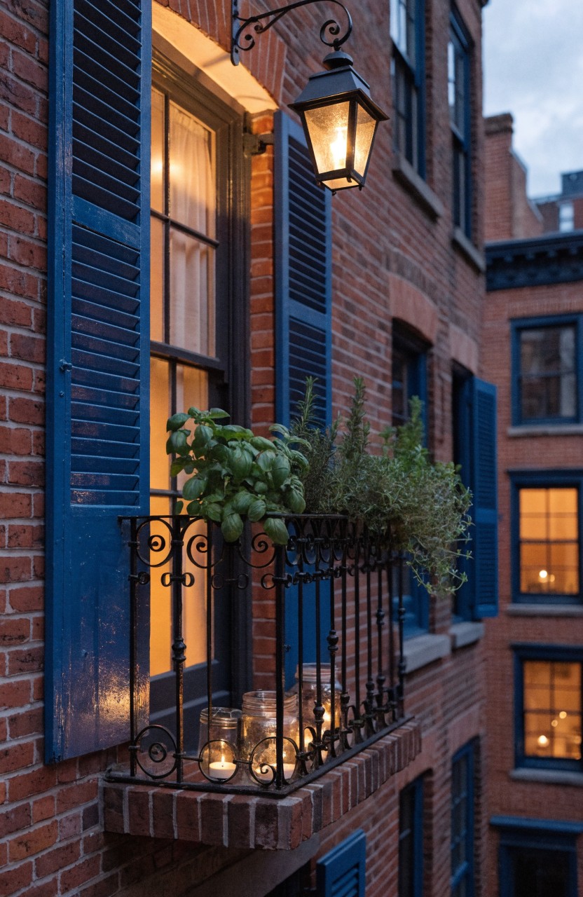 Brick rowhouse facade at dusk with blue shutters on windows, wrought-iron balcony railing holding potted herbs and glass-jar candles, plus a hanging lantern and lit windows.