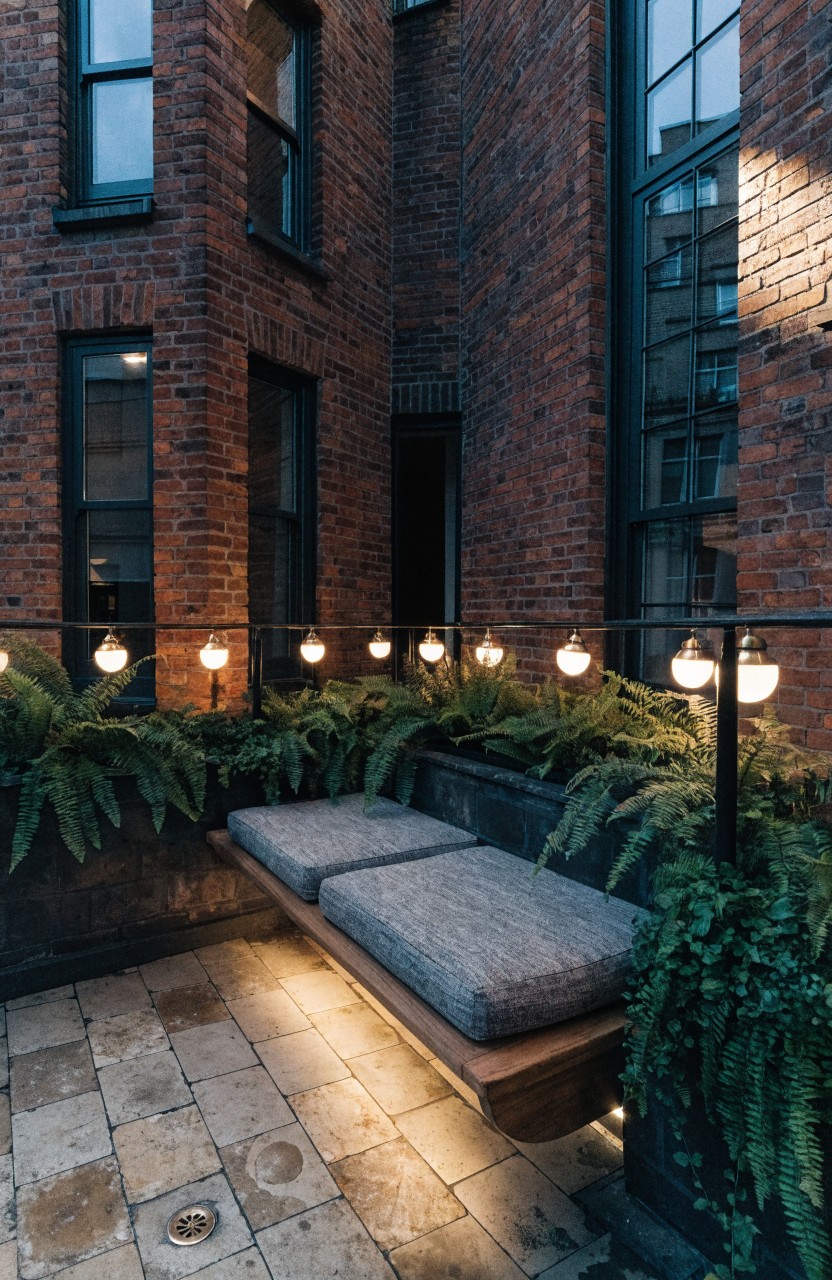 Brick corner balcony with built-in wooden bench and gray cushions along black railings lined with ferns and hanging white globe string lights, on a tiled floor with edge lighting.