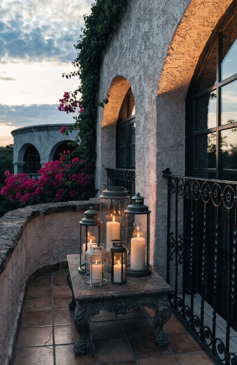 Balcony with white stucco walls, arched windows, wrought iron railing, terracotta floor tiles, climbing vines, pink bougainvillea flowers, and a wooden table holding five lit metal lantern candles at dusk.