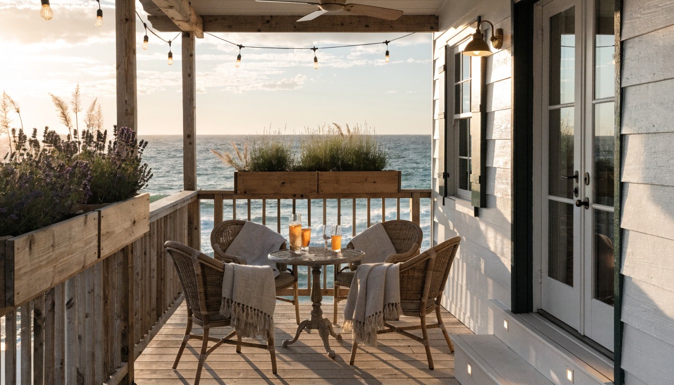 White clapboard house exterior with a wooden deck balcony over rocky oceanfront, featuring a pergola strung with pendant lights, potted lavender plants along the railing, a small round table, two wicker chairs draped with a blanket, and sliding glass doors.