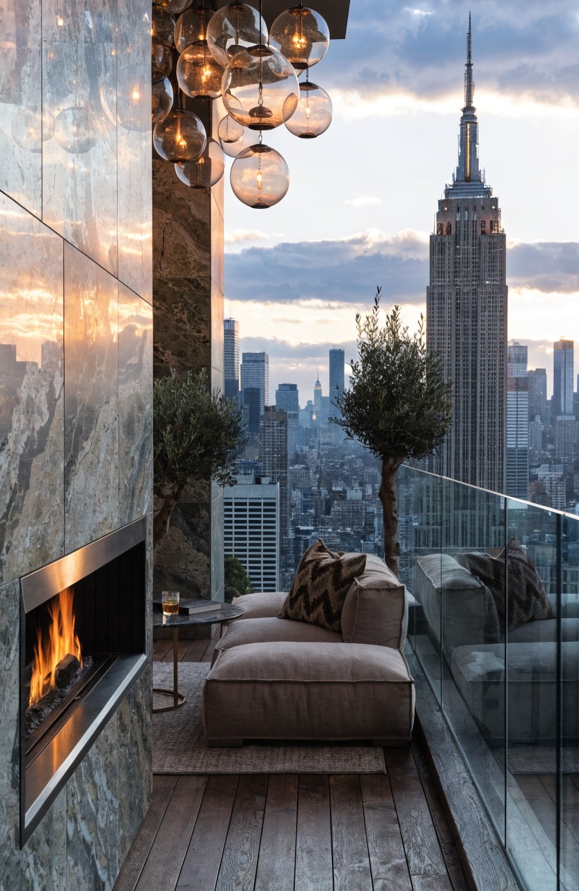 Balcony with marble-clad walls, clusters of hanging globe pendant lights, linear gas fireplace, low beige sofas with pillows, potted olive trees, wooden decking, and glass railing overlooking New York City skyline at sunset including the Empire State Building.