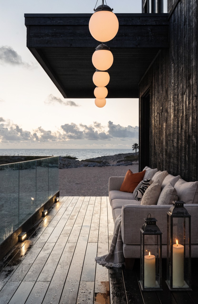Black-clad balcony deck with glass railing and wooden flooring, gray L-shaped sofa with pillows and throw blanket, two metal lanterns with lit candles, row of hanging white globe pendant lights overhead, overlooking sandy beach and ocean at dusk.