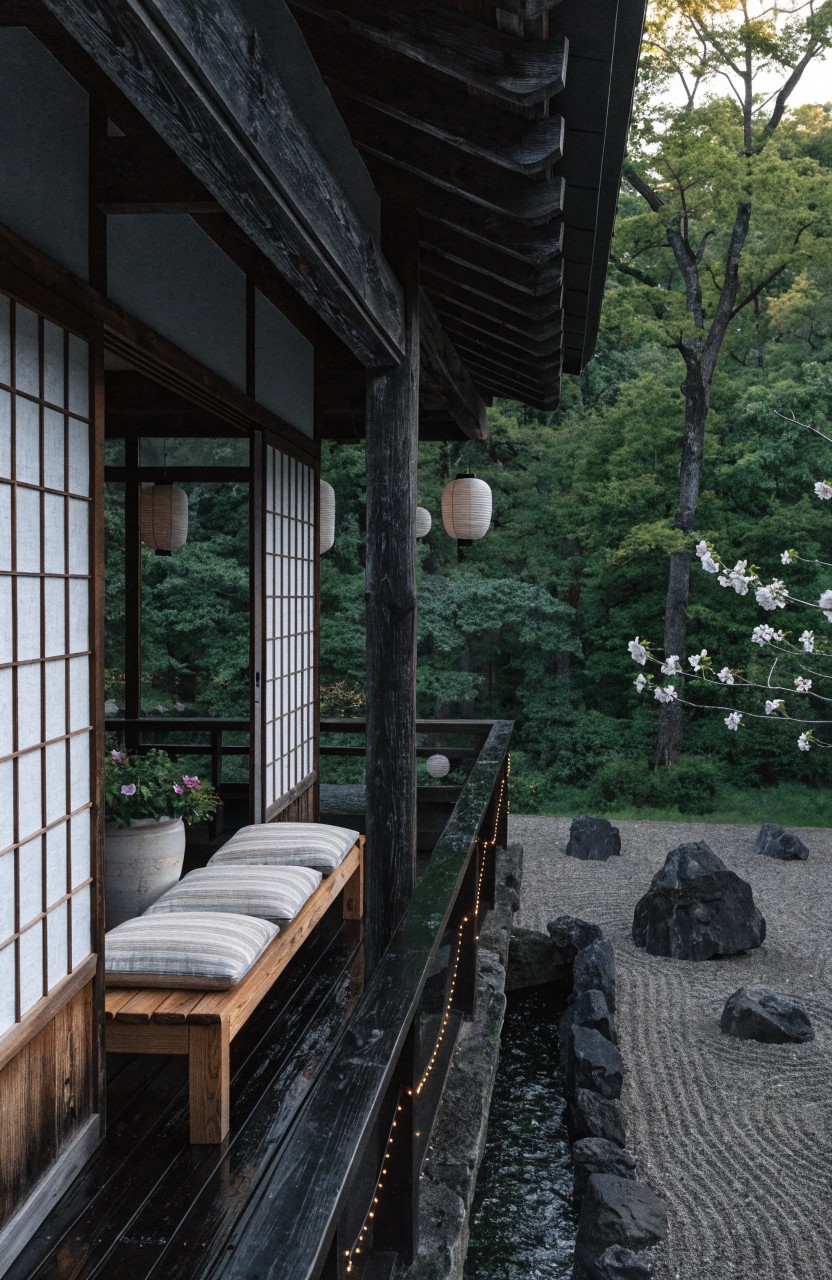 Dark wooden Japanese-style house exterior with a balcony featuring hanging white paper lanterns, shoji screens, a cushioned wooden bench, potted plant, and a rock garden with water channel below amid green trees.