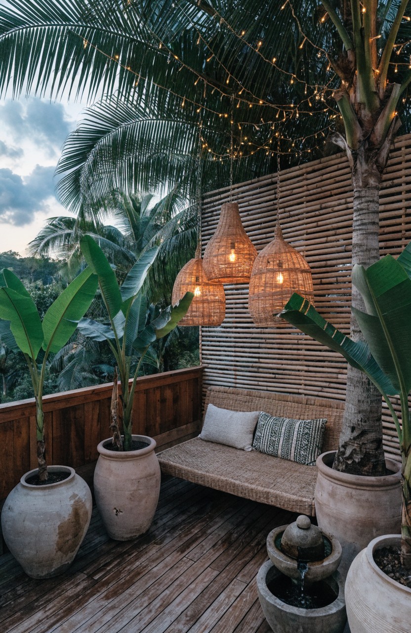 Wooden balcony featuring large terracotta pots with palm and banana plants, a cushioned woven bench, three hanging rattan lanterns, string lights in a palm tree, bamboo fencing, and a stone fountain at dusk.