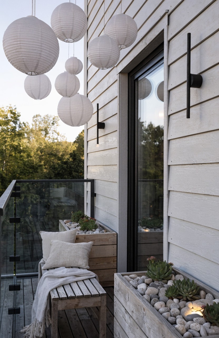 White paper lanterns hanging in a cluster from the exterior wall above a black-framed glass door on a balcony with white shiplap siding, glass railing, wooden bench with cushions and throw, and succulent planters with pebbles.