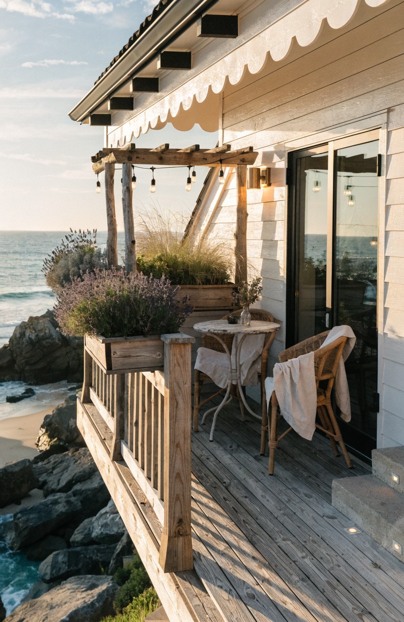 White clapboard house exterior with a wooden deck balcony over rocky oceanfront, featuring a pergola strung with pendant lights, potted lavender plants along the railing, a small round table, two wicker chairs draped with a blanket, and sliding glass doors.