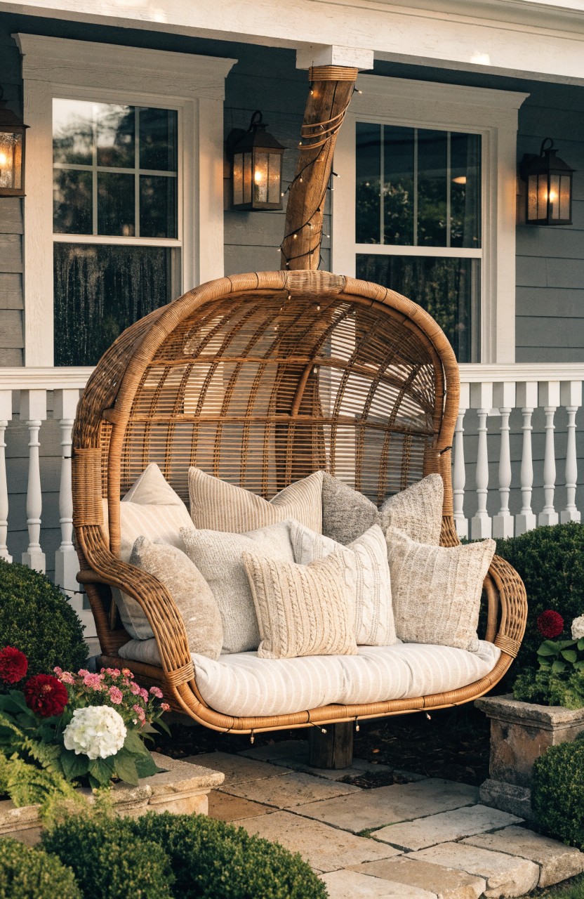 Gray shingled house porch with white trim and railing holding a large hanging woven basket chair piled with white and beige pillows, lit by black lanterns on posts, with stone steps and bushes nearby.