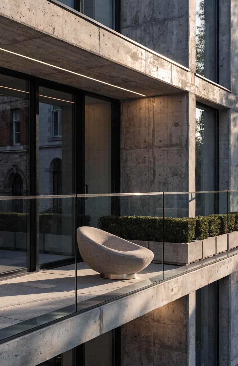 Concrete balcony with glass railing, curved upholstered chair, boxwood hedges in planters along the rail, large glass doors, and recessed warm lighting along the slab edge.